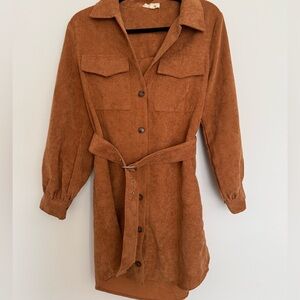Corduroy belted fall dress in Rust